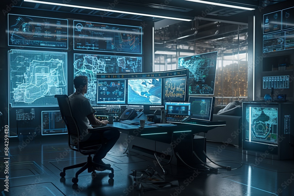 A cyber security analyst monitors a computer network from a control room  with multiple screens displaying graphs and data visualization. generative  ai Stock Illustration | Adobe Stock