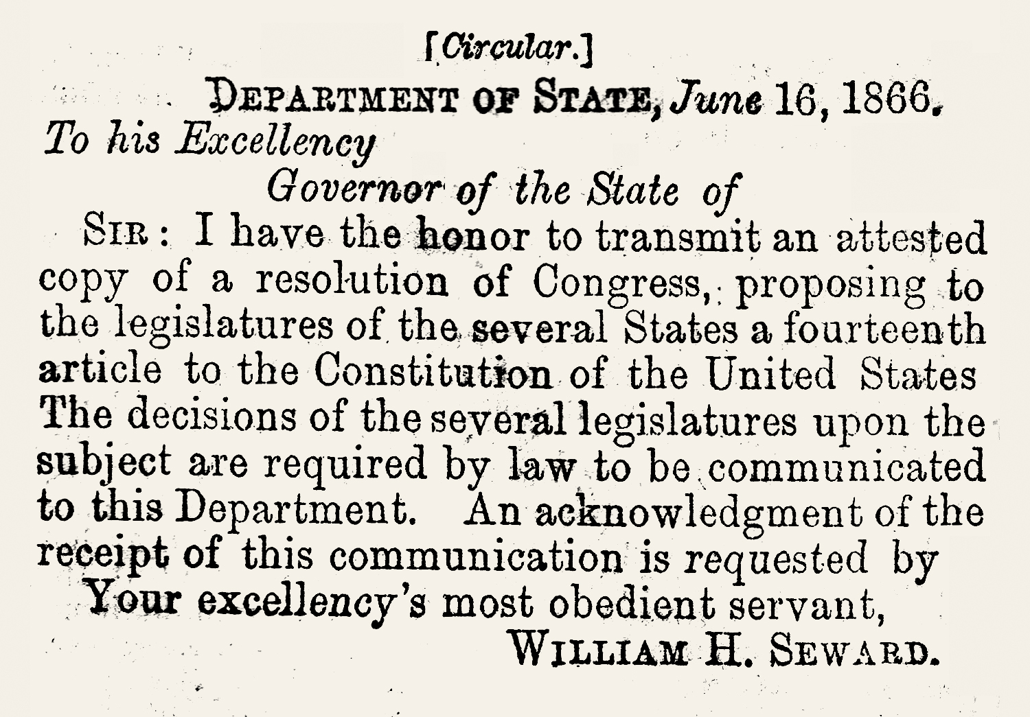 File:Letter of Transmittal of 14th Amemdment to the Several States.jpg -  Wikimedia Commons