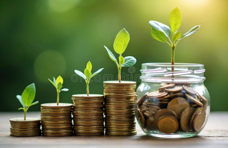 Stacks of Coins with Sprouts, Savings Jar on Blurred Green Background. Save  Money for Future, Growth Investing, Finance, Stock Photo - Image of coin,  earning: 384782266
